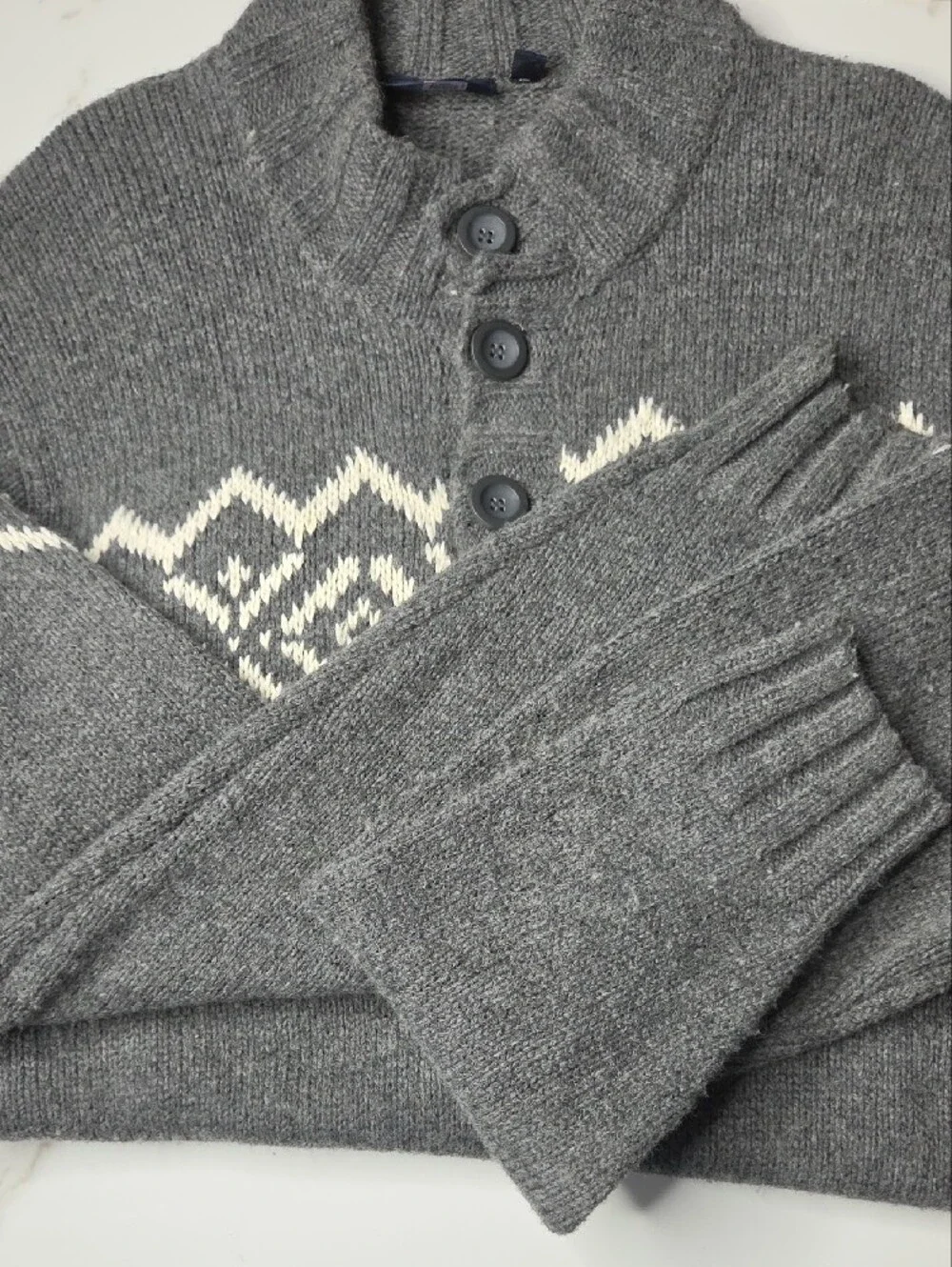 Men's Gray Button Nordic Pattern Sweater with Ivory Accent